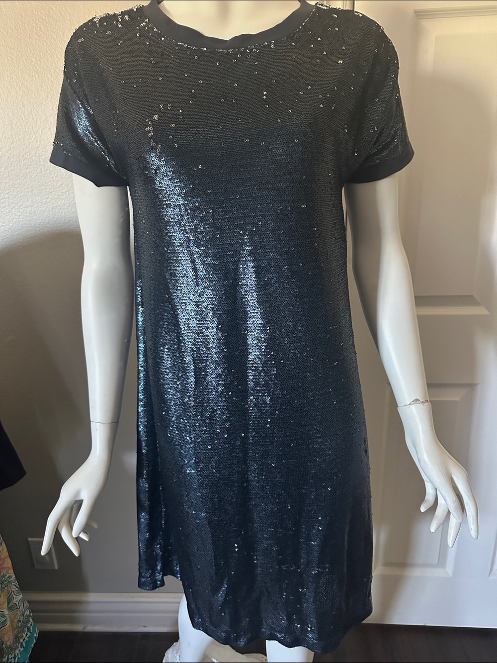 Anthropologie Black Sequin Short Sleeve Mini Dress
